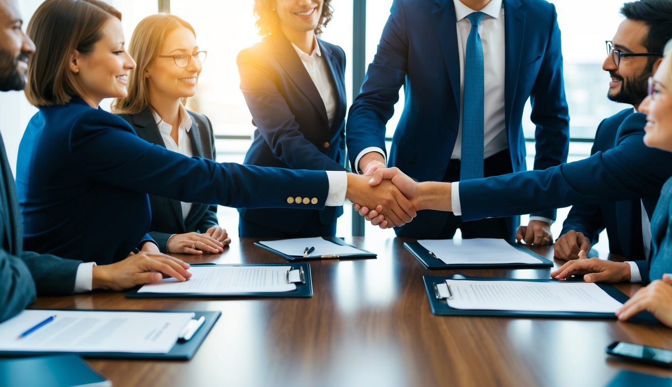 Società in Nome Collettivo (SNC): Cos'è, Come Funziona, Costituzione, Costi e Tasse (2026) 2 Un gruppo di persone in una sala conferenze che firmano documenti legali e si stringono la mano per formare una Società in Nome Collettivo - S.n.c nel 2025