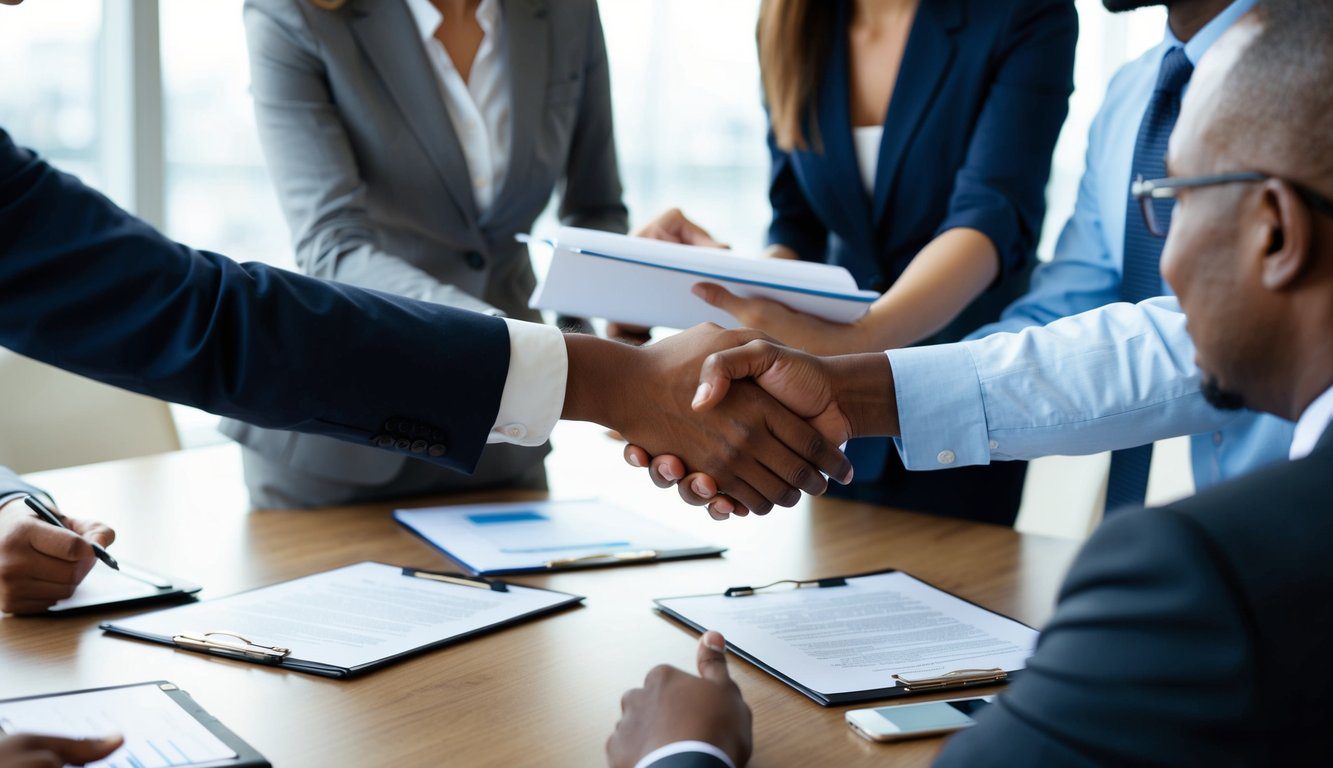 Società in Nome Collettivo (SNC): Cos'è, Come Funziona, Costituzione, Costi e Tasse (2026) 6 Un gruppo di persone che scambiano documenti e si stringono la mano in un incontro di lavoro