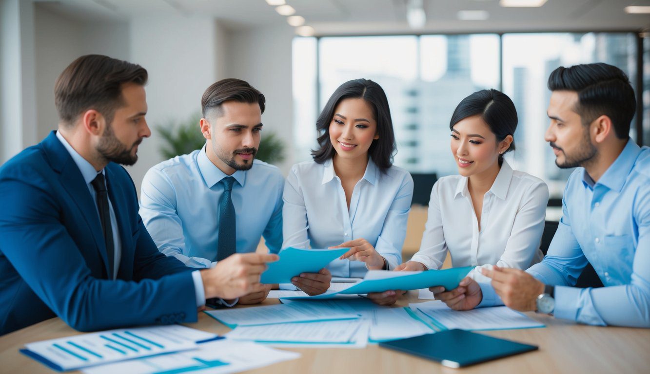 Società in Nome Collettivo (SNC): Cos'è, Come Funziona, Costituzione, Costi e Tasse (2026) 8 Un gruppo di partner commerciali che discute documenti finanziari e moduli fiscali in un ufficio ben illuminato.