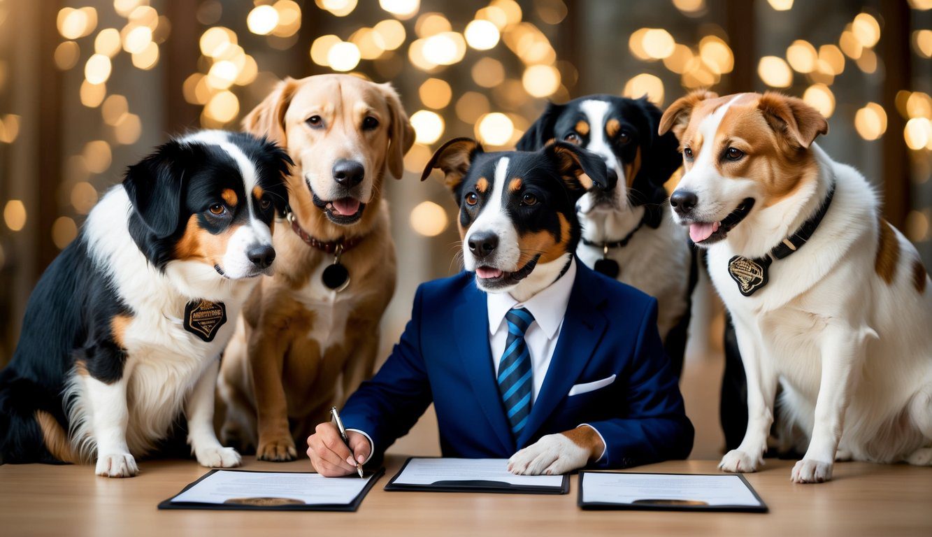 Società in Nome Collettivo (SNC): Cos'è, Come Funziona, Costituzione, Costi e Tasse (2026) 10 Un gruppo di animali si riunisce attorno a un tavolo, firmando documenti con un timbro notarile, mentre un cane dall'aspetto amichevole in un completo supervisiona il processo.