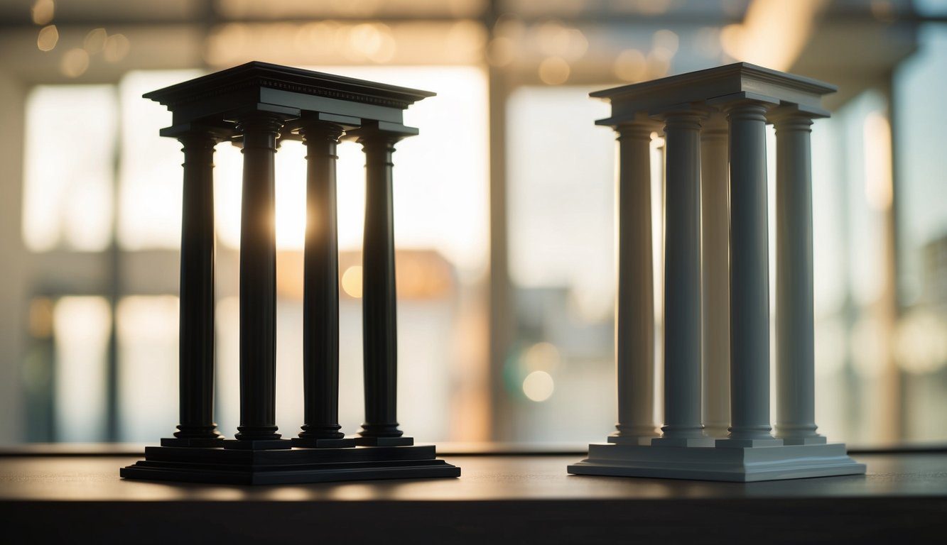 Due colonne separate di oggetti, una che rappresenta una perfetta autonomia patrimoniale e l'altra imperfetta, con chiare distinzioni tra le due.