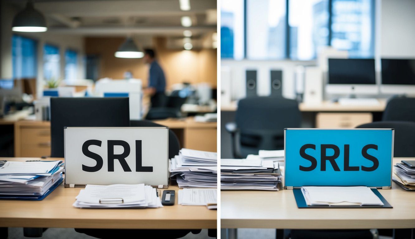Differenze tra SRL e SRLS: Quali Sono, Cosa Comportano e Quale Scegliere? (2026) 1 Un ufficio occupato con due scrivanie separate, una contrassegnata "SRL" e l'altra "SRLS." La scrivania SRL è ingombra di documenti e fascicoli, mentre la scrivania SRLS è ordinata e organizzata.