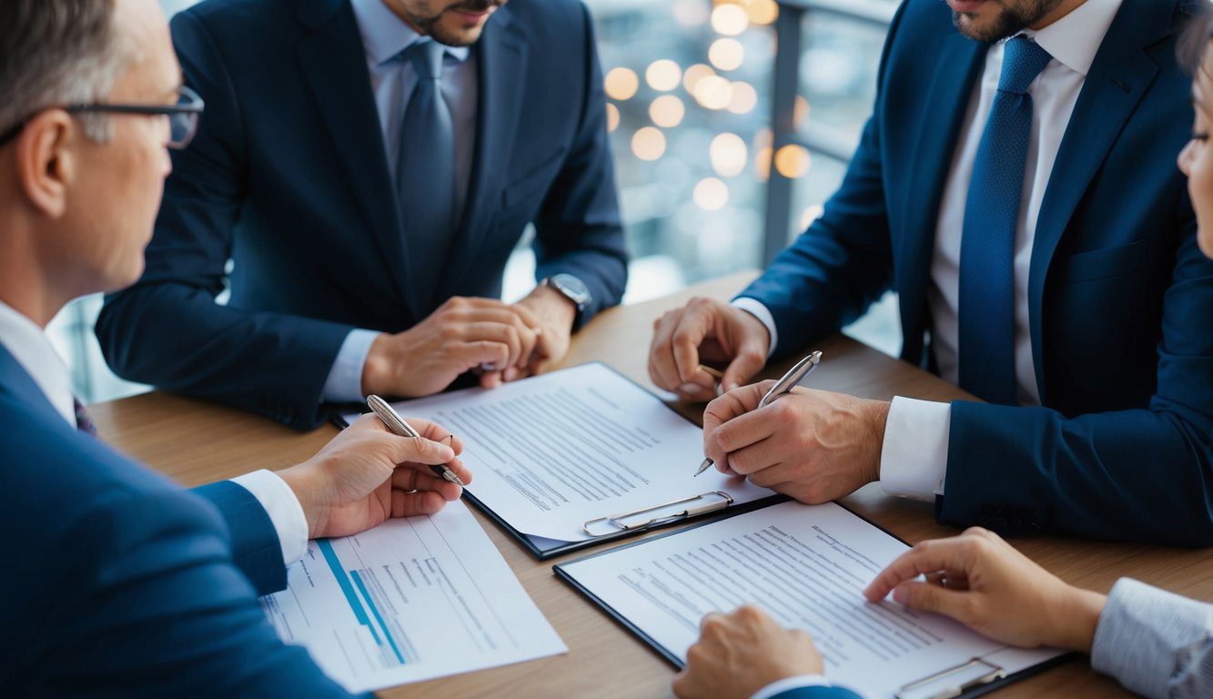 Un gruppo di persone che discute e firma documenti legali per la formazione di una societ&agrave; semplice di persone
