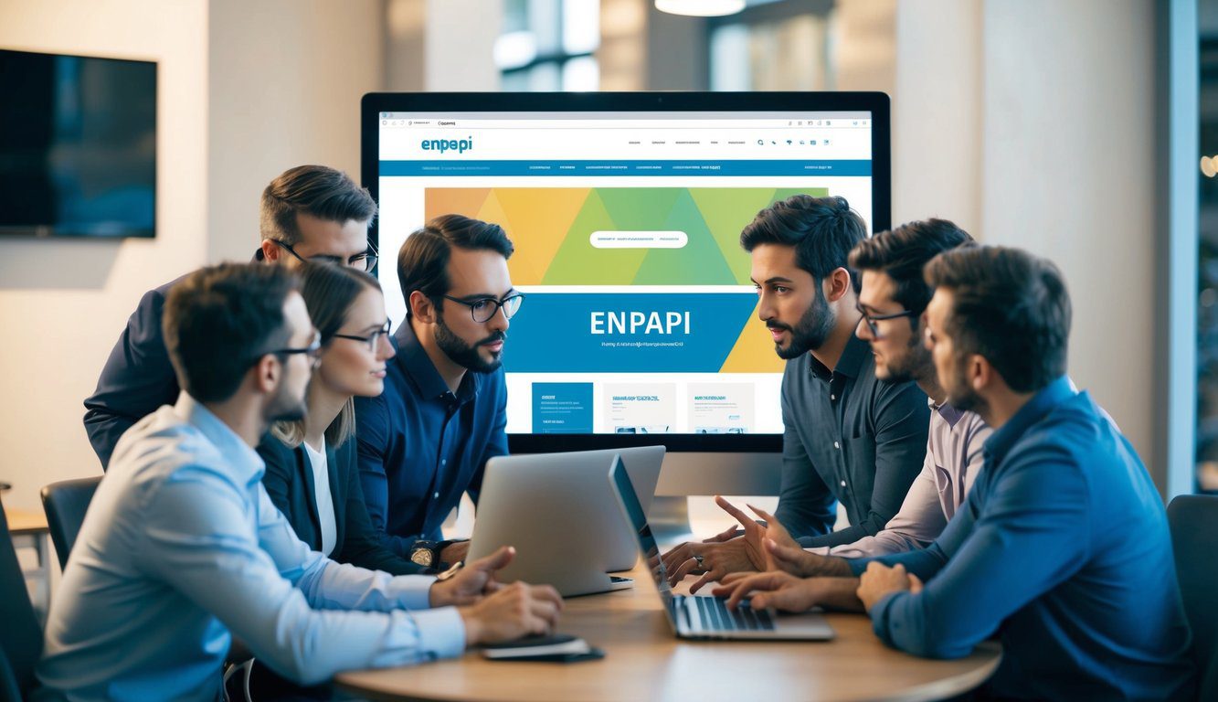 Un gruppo di persone si &egrave; riunito attorno a uno schermo di computer, discutendo e analizzando il sito web di Enpapi e le sue funzioni.