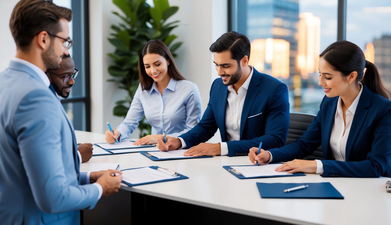 Un gruppo di professionisti che si registra presso un ufficio ENPAPI, con documenti e un banco di registrazione