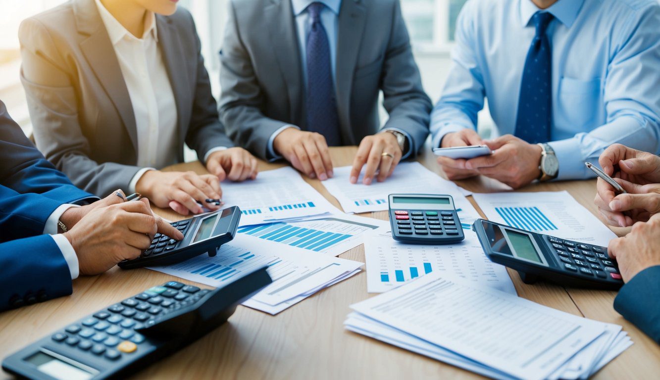 Un gruppo di persone sedute attorno a un tavolo, discutendo e calcolando contributi finanziari, con fogli e calcolatrici sparsi davanti a loro.