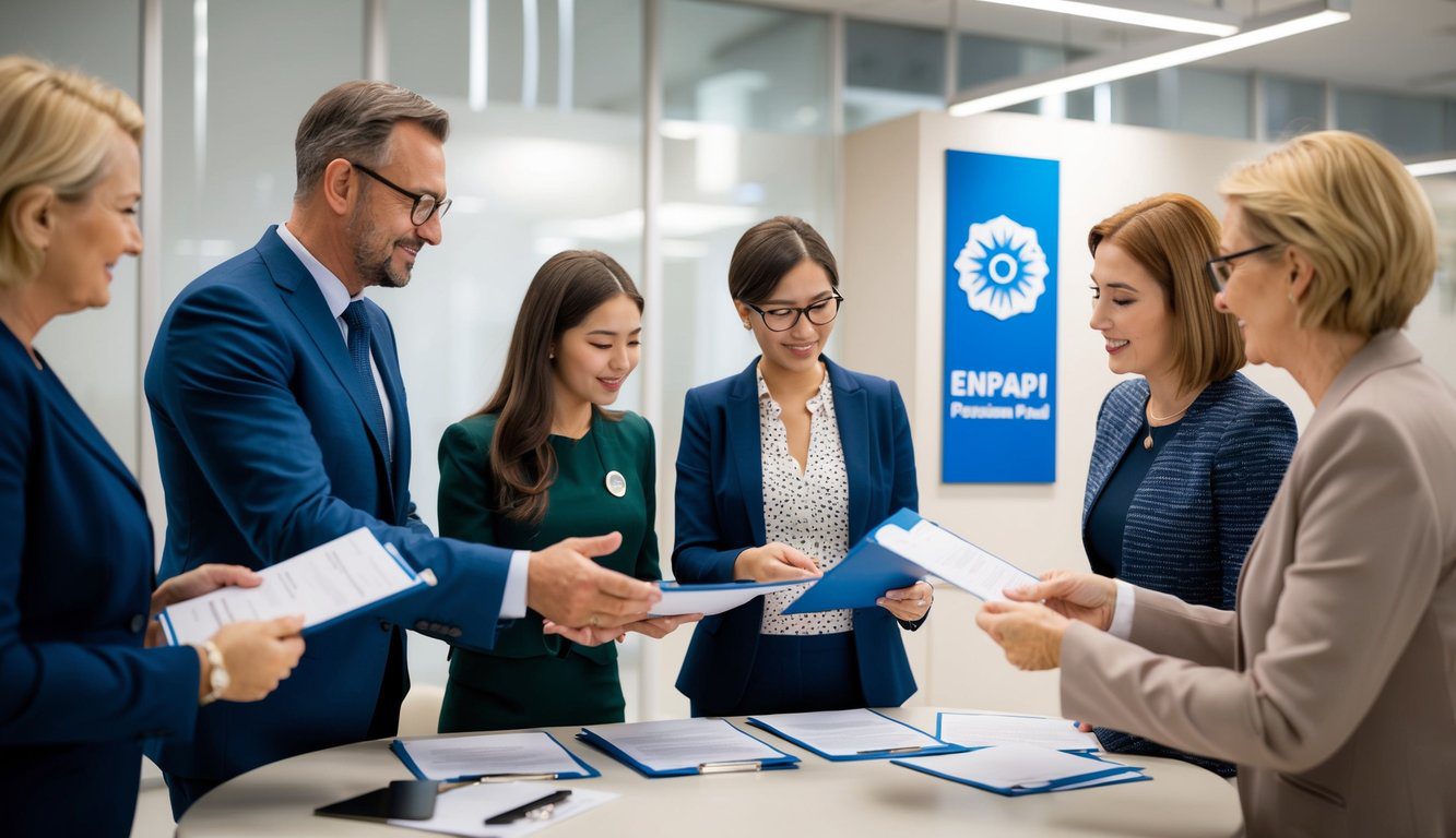 Un gruppo di persone che riceve informazioni e documenti da un rappresentante presso l'ufficio del fondo pensione Enpapi