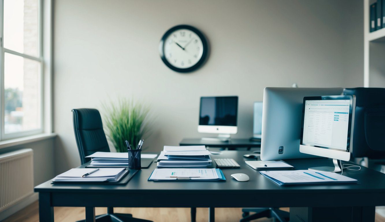 Un ambiente d'ufficio tranquillo con una scrivania, un computer e documenti ben organizzati. Un orologio sulla parete indica il passare del tempo.