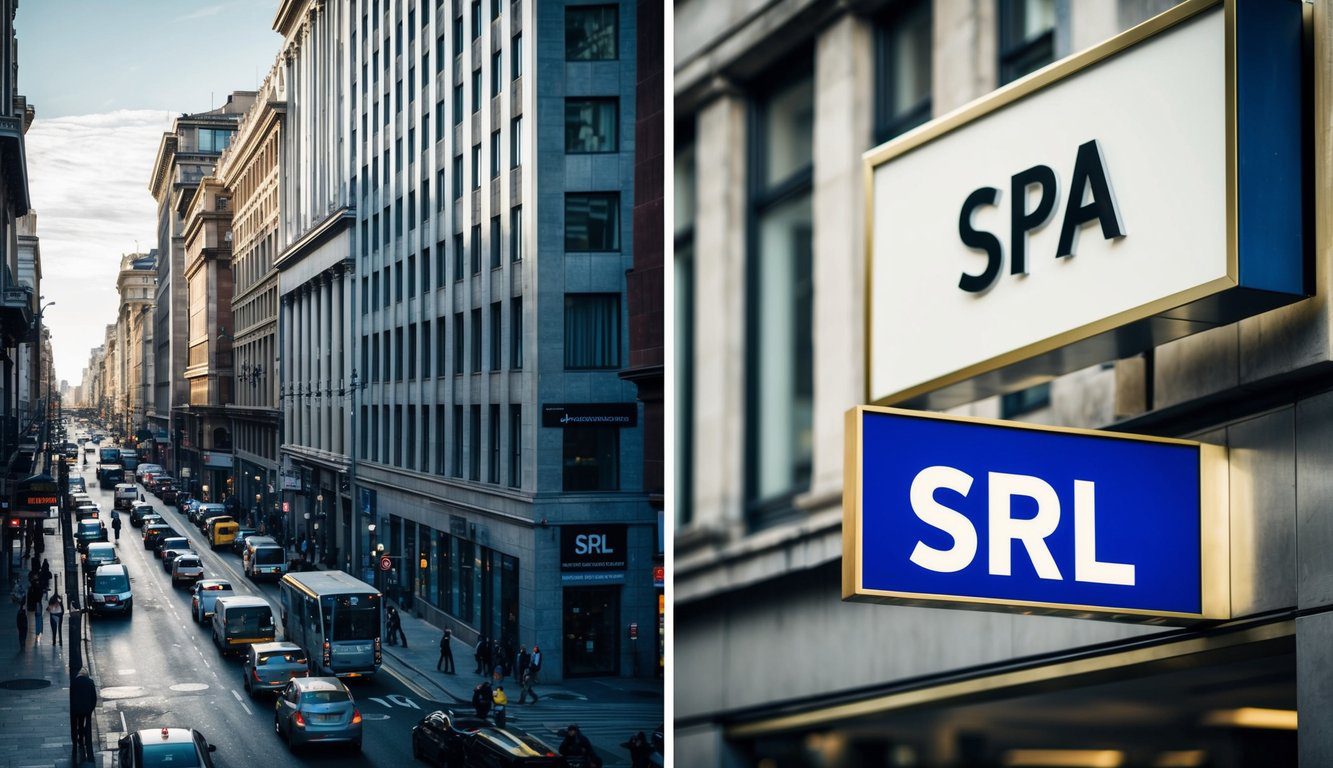 Una strada cittadina affollata con due edifici per uffici contrastanti, uno etichettato "SRL" e l'altro "SpA", che mostrano le differenze tra le due entit&agrave; aziendali.