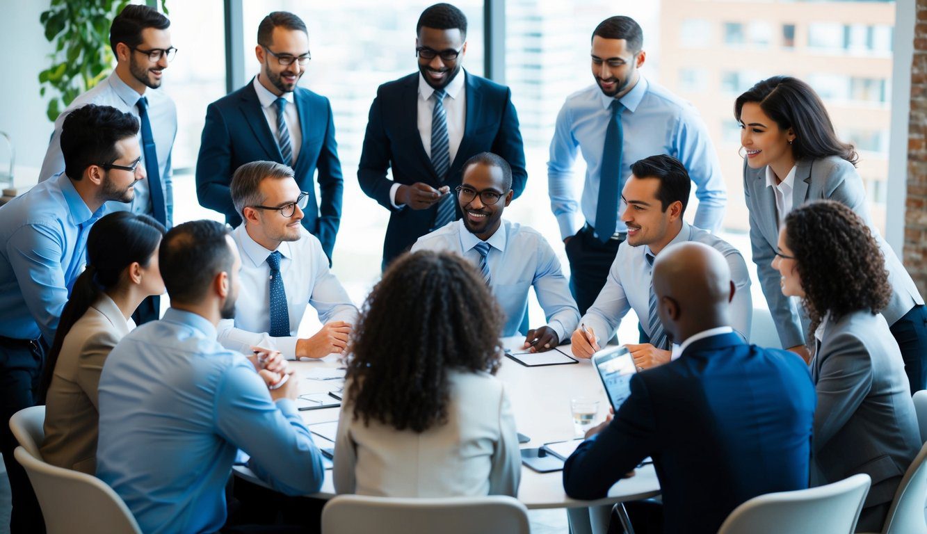 Un gruppo di professionisti diversi si riunisce attorno a un tavolo, discutendo e scambiando idee. Un senso di collaborazione e lavoro di squadra &egrave; evidente nell'atmosfera.