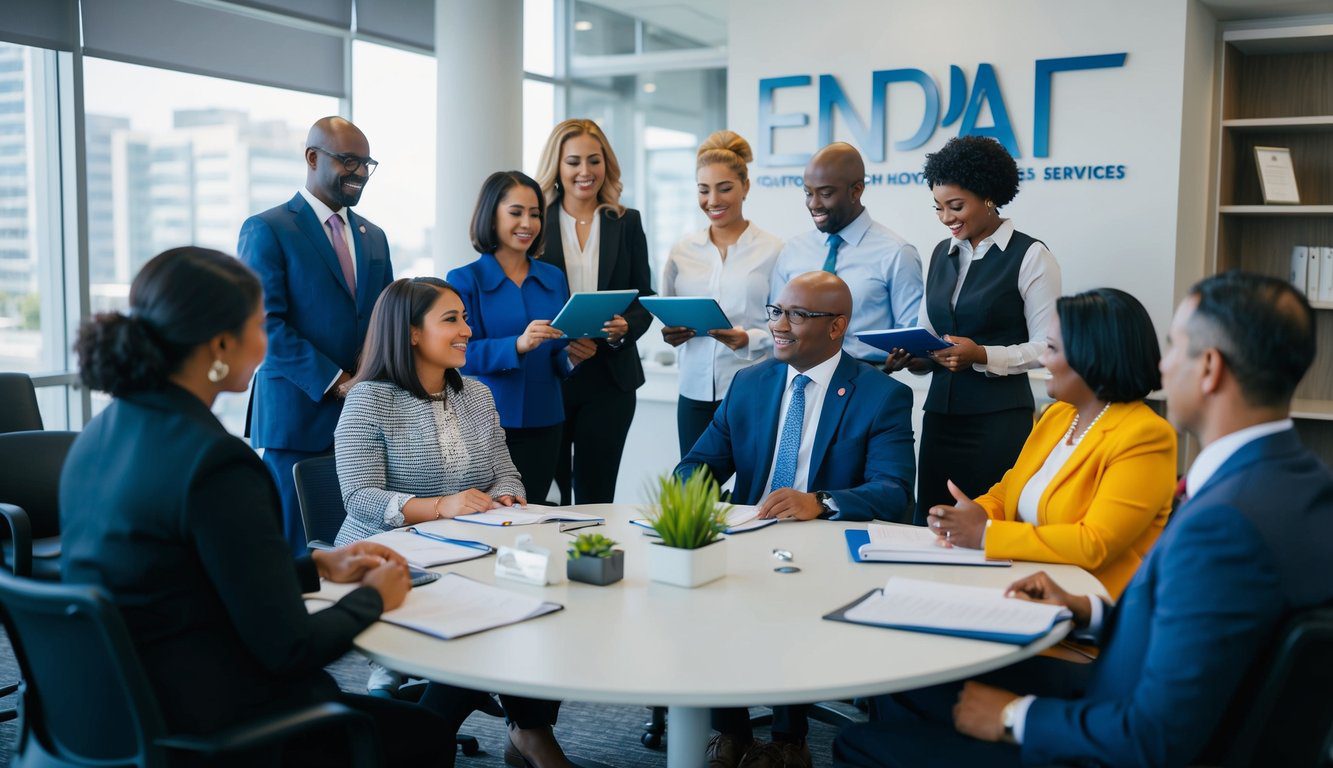 Un gruppo di persone presso un ufficio ENPAF che riceve vari servizi come consulenze, assistenza per pratiche burocratiche e sessioni informative.