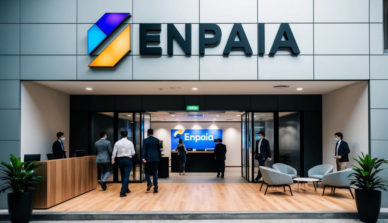 Un moderno edificio per uffici con il logo ENPAIA, persone che entrano ed escono, e un'area reception con un banco e sedie.