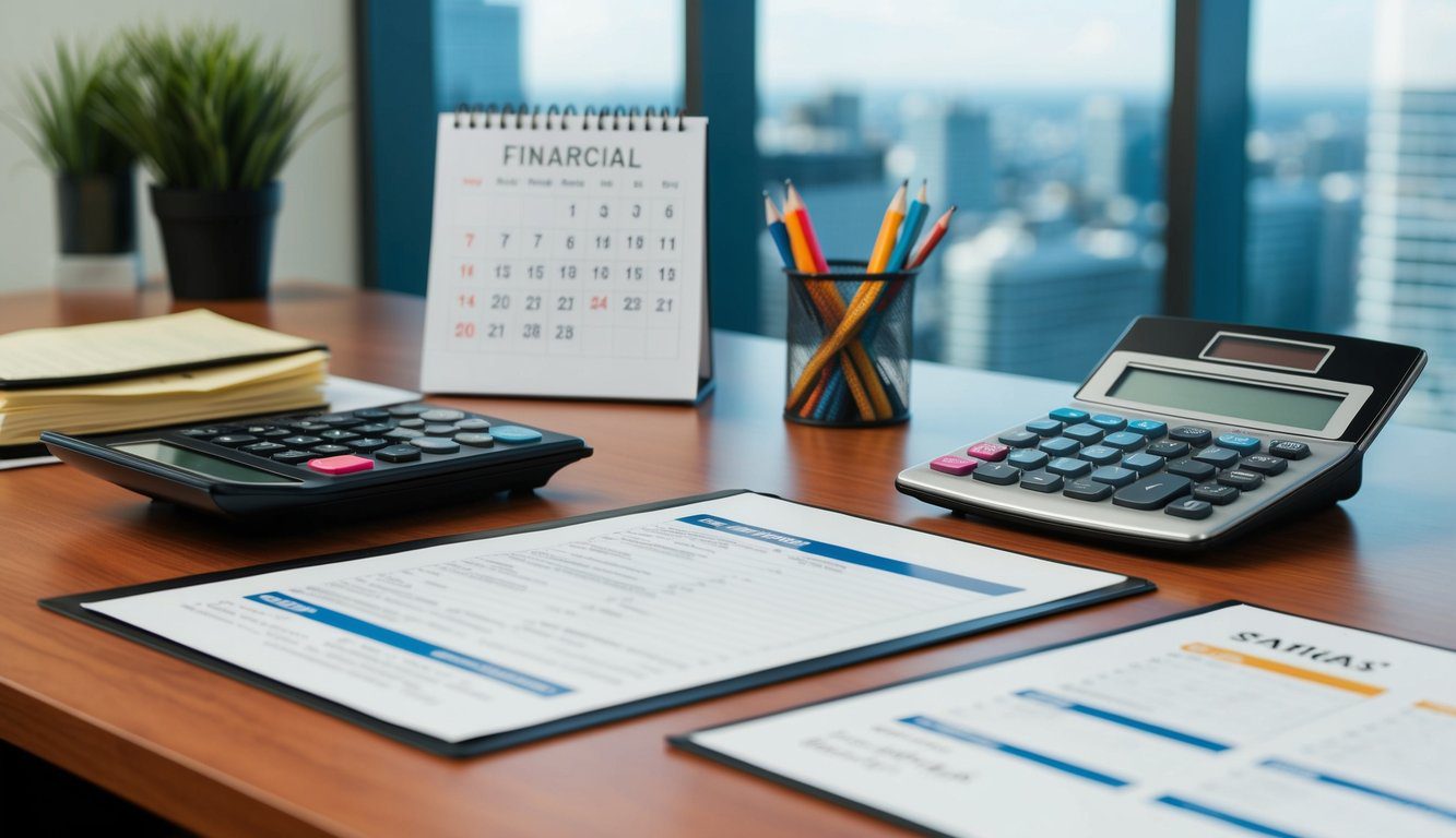Una scrivania con una calcolatrice, documenti finanziari e un calendario che mostra le scadenze