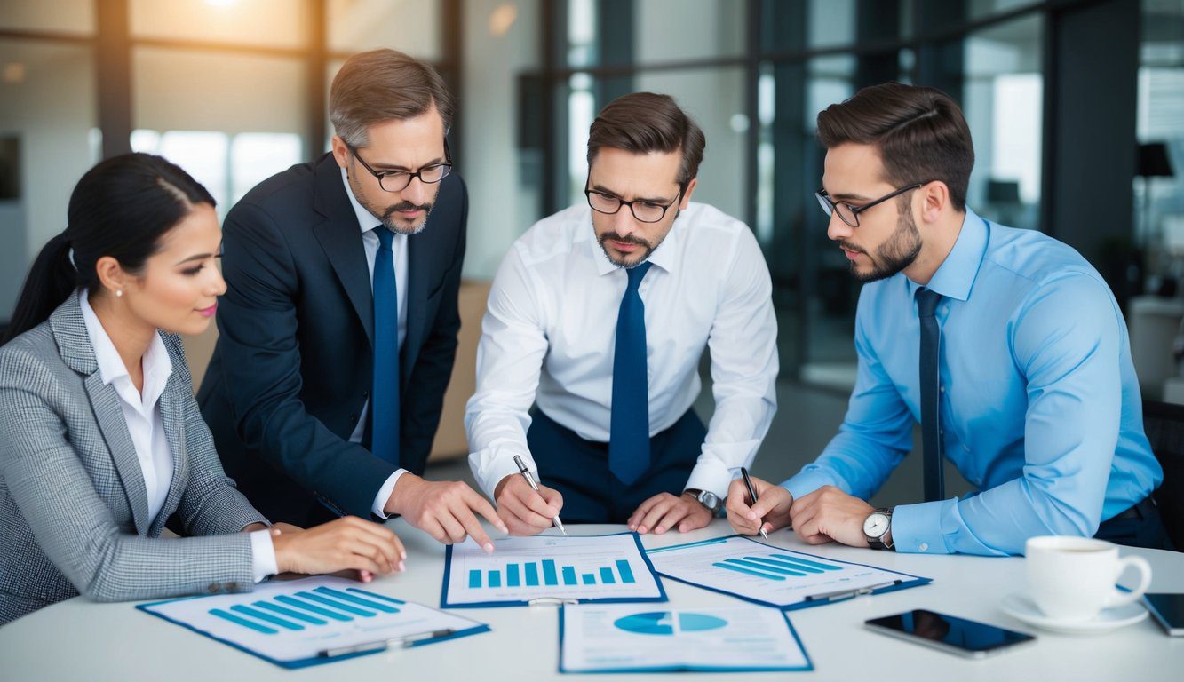 Un gruppo di professionisti che discute e analizza documenti finanziari e grafici relativi ai contributi ENPAIA
