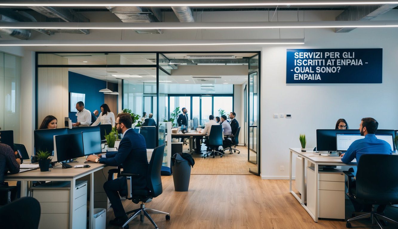Un ufficio affollato con persone alle scrivanie, un'area reception e una sala riunioni con un cartello che recita "Servizi Per Gli Iscritti a ENPAIA - Quali Sono? ENPAIA" sulla parete