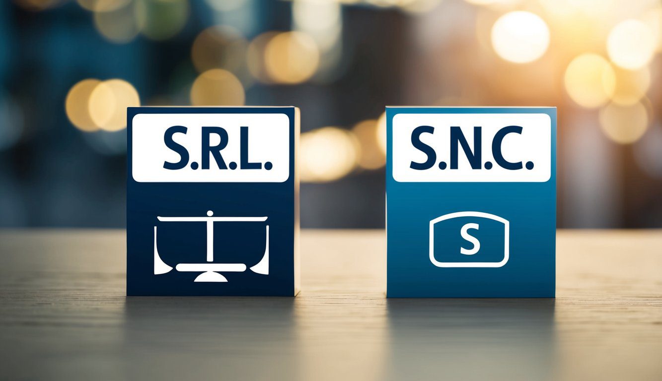 Due entit&agrave; aziendali, S.r.l e S.n.c, rappresentate con loghi e simboli distinti, che illustrano le loro differenze e implicazioni