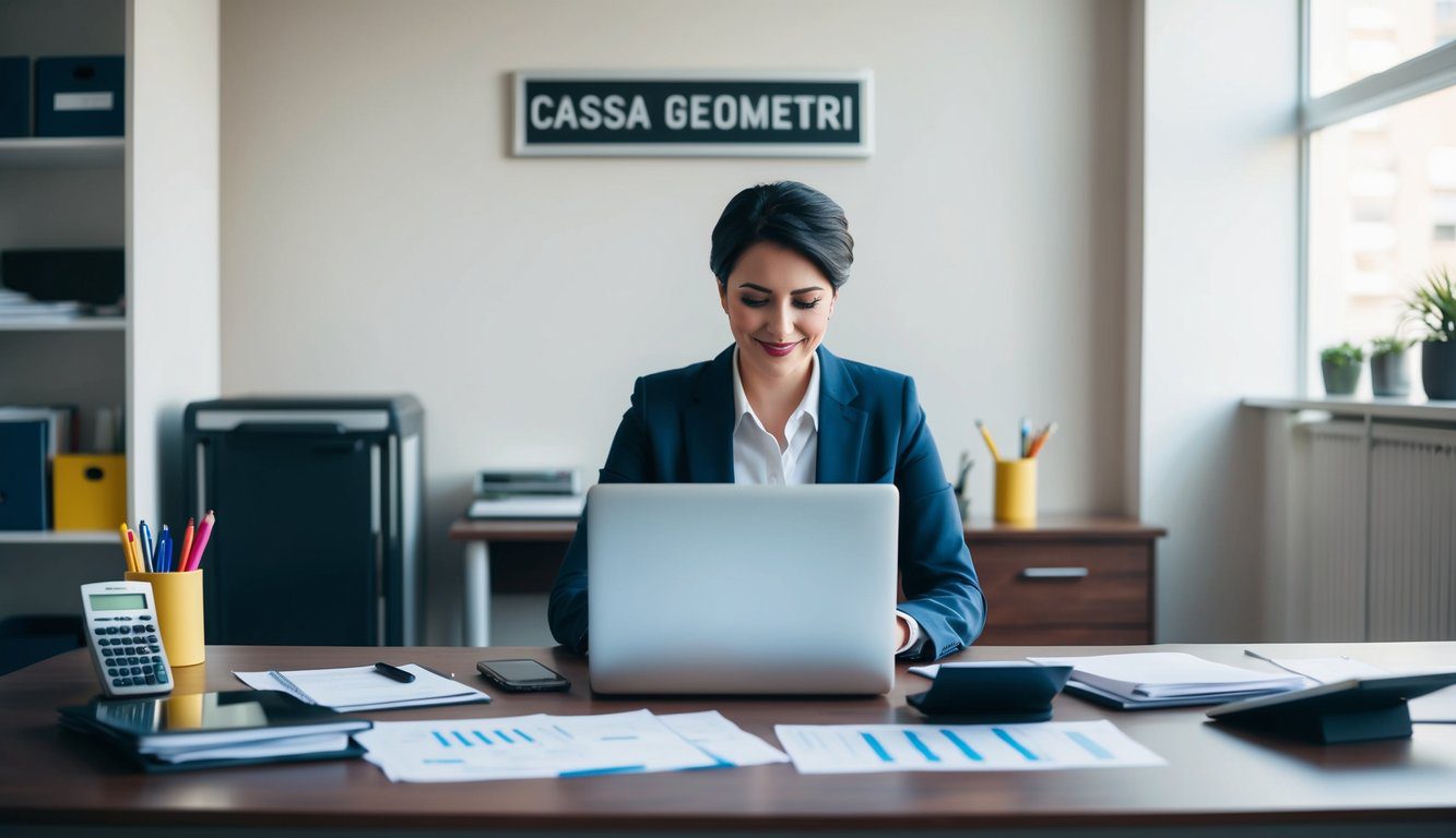 Cassa Geometri (CIPAG): Cos'è, Come Funziona, Soggetti Obbligati, Iscrizione, Servizi, Contributi, Durc e Pensione (2026) 4 Una persona seduta a una scrivania con un laptop e documenti, circondata da materiale d'ufficio e una calcolatrice. Un cartello sul muro dice "Cassa Geometri."