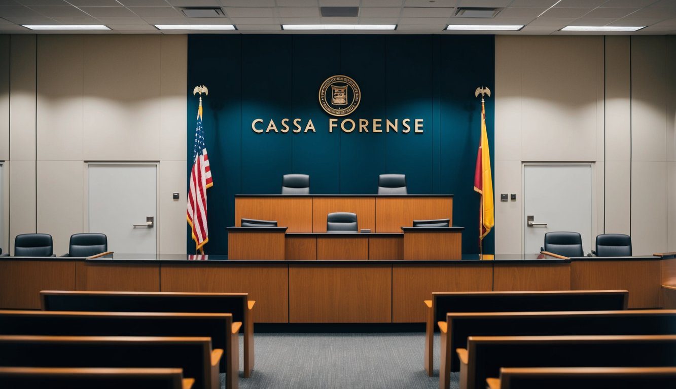 Un'aula di tribunale con la panchina del giudice, il banco dei testimoni e i posti a sedere per il pubblico. Il logo della Cassa Forense &egrave; esposto in modo prominente.