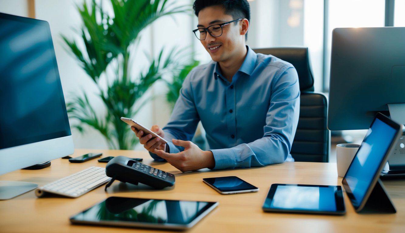 Una persona seduta a una scrivania, circondata da vari dispositivi di comunicazione come un telefono, un computer e un tablet. La persona è impegnata in una conversazione con l'INPGI attraverso uno di questi dispositivi.