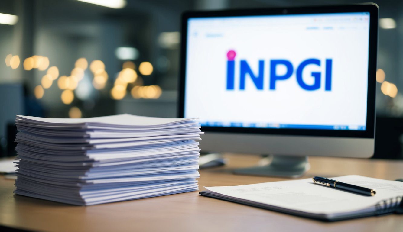 Una pila di documenti e una penna su una scrivania, con un computer che mostra il logo dell'INPGI sullo sfondo