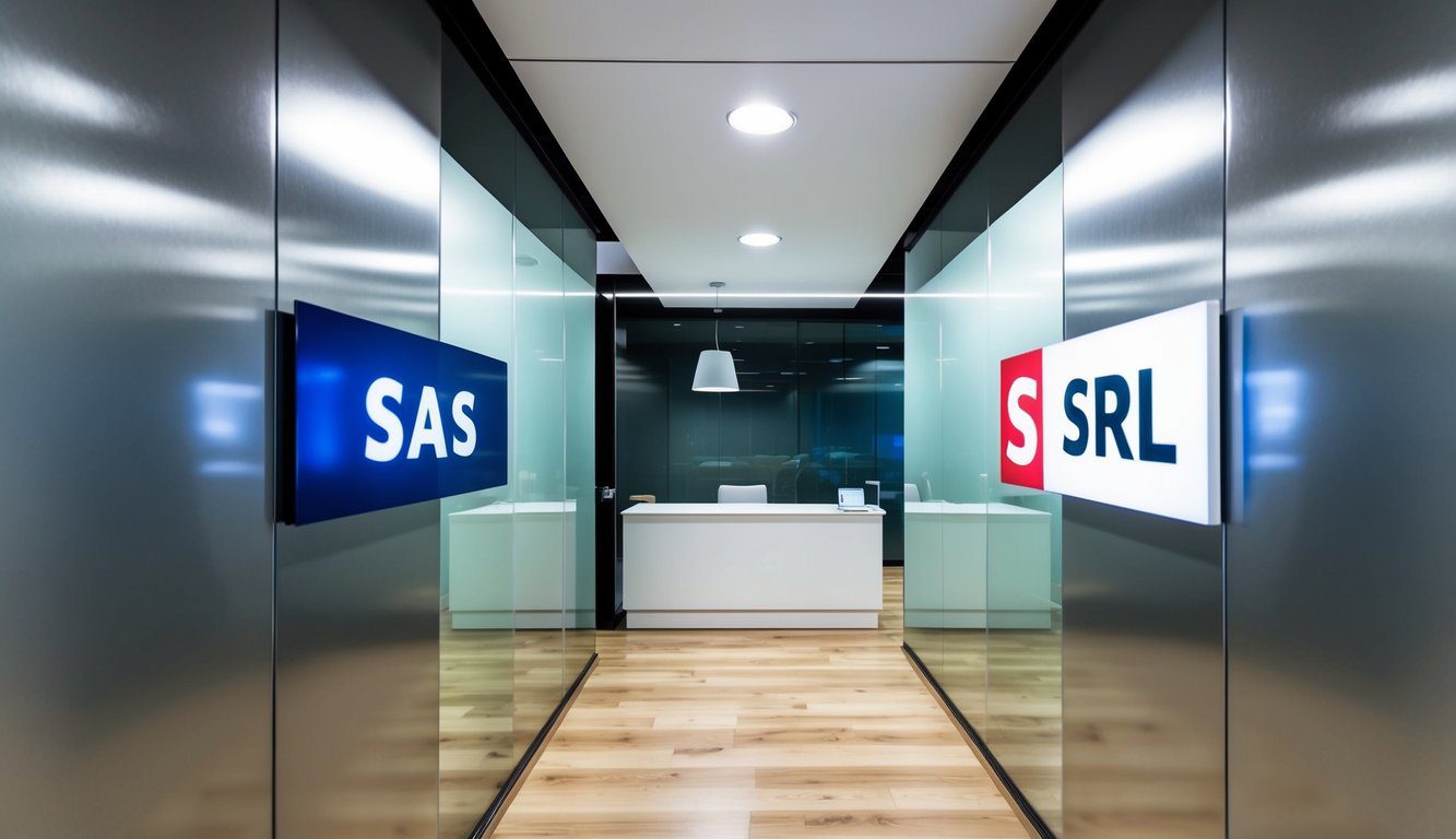Una vista panoramica dettagliata di un ambiente d'ufficio moderno con due entit&agrave; aziendali distinte, SAS e SRL, visualizzate su insegne separate.