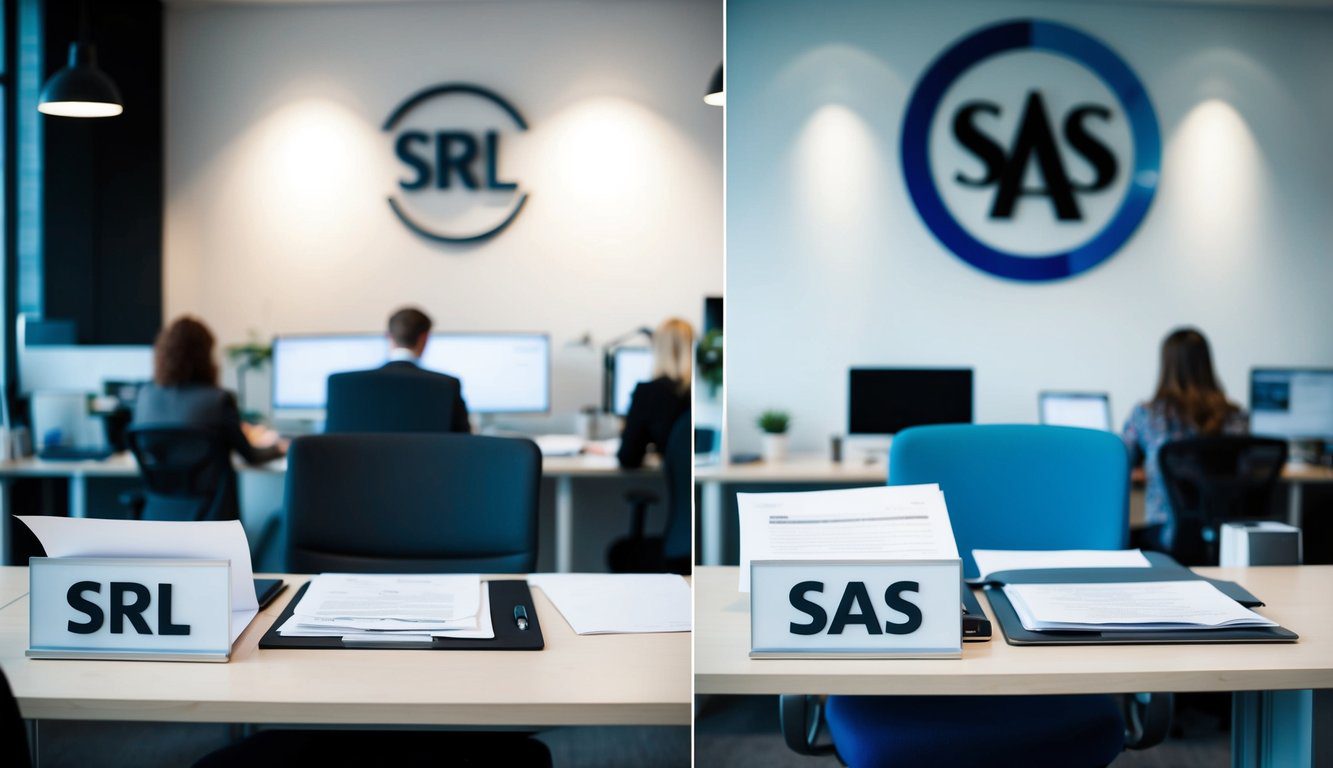 Una scena d'ufficio occupata con due scrivanie separate, una etichettata "Srl" e l'altra "Sas." Ogni scrivania ha documenti diversi e un logo distinto sulla parete dietro di essa.
