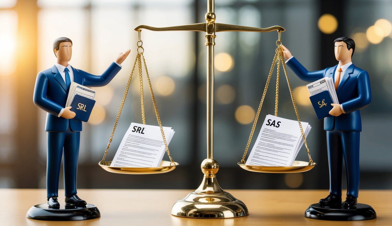 Due figure che rappresentano SRL e SAS, in piedi su lati opposti di una bilancia, ciascuna con un insieme di documenti legali unici. La bilancia &egrave; bilanciata al centro.