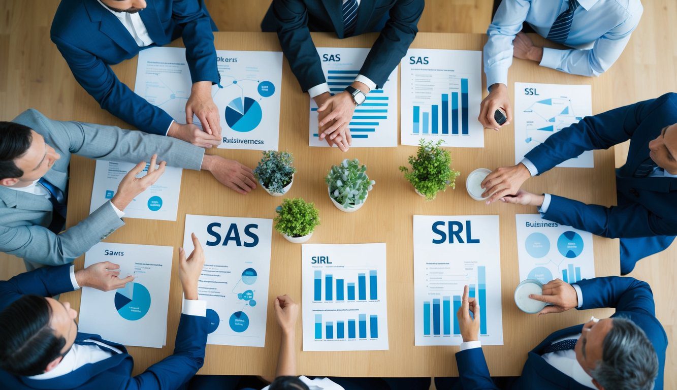 Un gruppo di persone si &egrave; riunito attorno a un tavolo, discutendo e confrontando le differenze tra le strutture aziendali SAS e SRL. Grafici e diagrammi sono sparsi sul tavolo per riferimento.