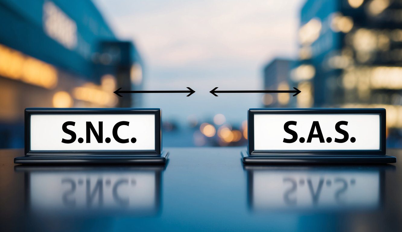Due entit&agrave; aziendali affiancate, una etichettata "S.n.c." e l'altra "S.a.s." con frecce che puntano a ciascuna, indicando differenze e implicazioni.