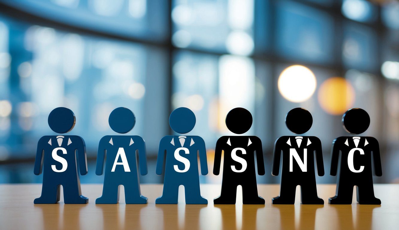Un gruppo di entit&agrave; aziendali, rappresentato da simboli distinti, sta fianco a fianco, ognuno etichettato come "SAS" o "SNC", evidenziando le loro differenze.