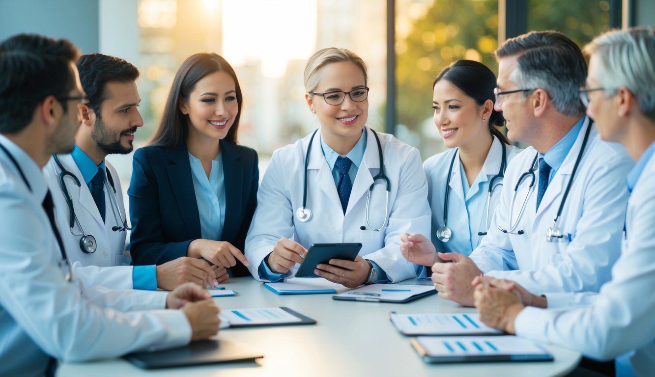 Un gruppo di professionisti medici si riunisce attorno a un tavolo, discutendo e condividendo informazioni su ENPAM. L'atmosfera &egrave; concentrata e collaborativa.