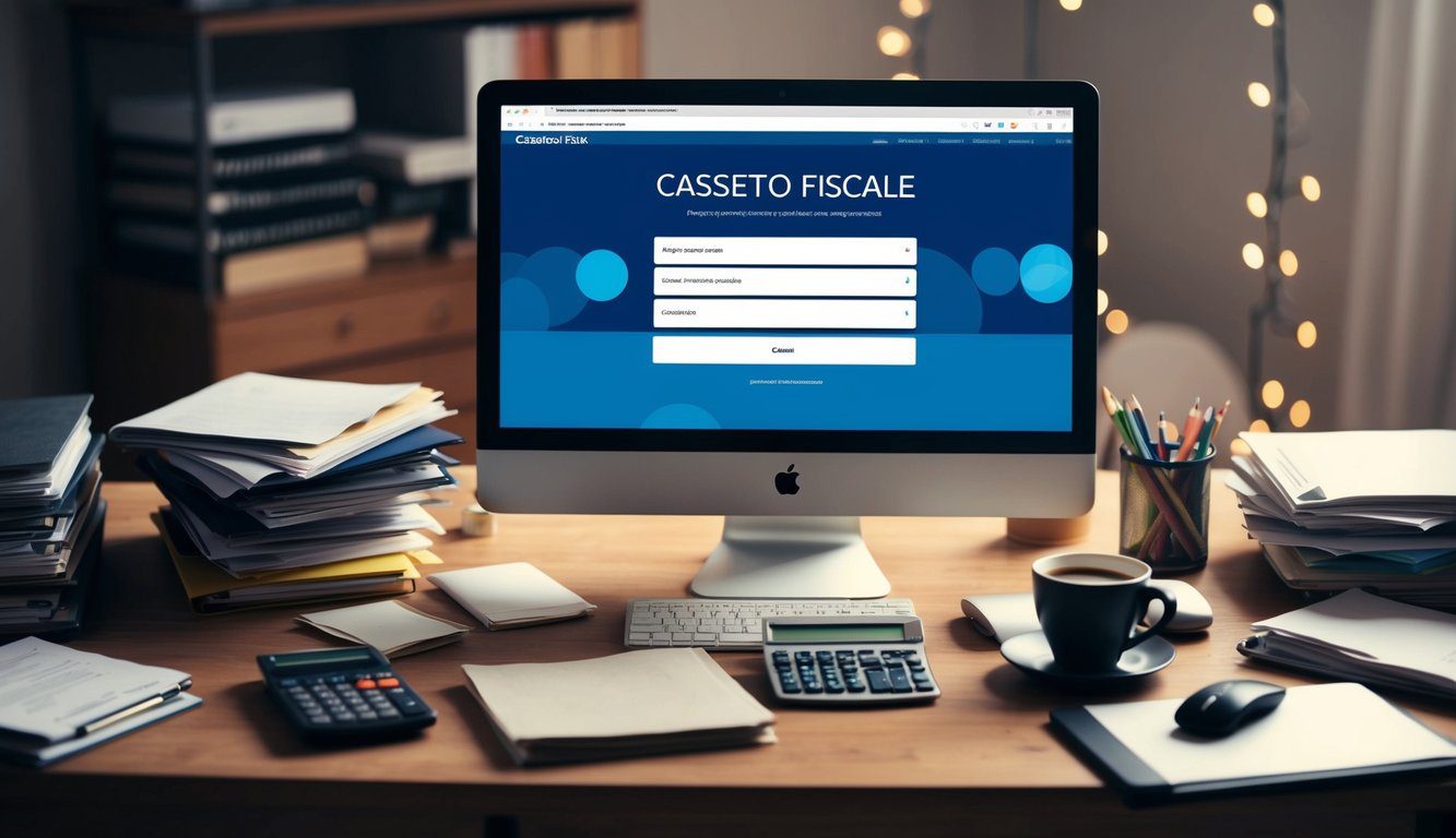 Una scrivania disordinata con uno schermo del computer che mostra il sito web 'Cassetto Fiscale', circondata da documenti, una calcolatrice e una tazza di caff&egrave;.