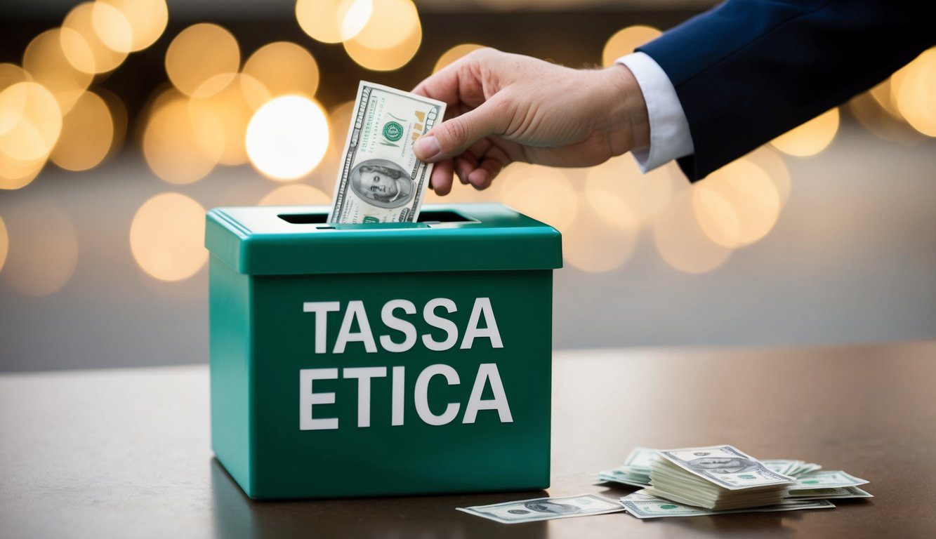 Una persona che inserisce denaro in una scatola etichettata con un cartello "Tassa Etica"