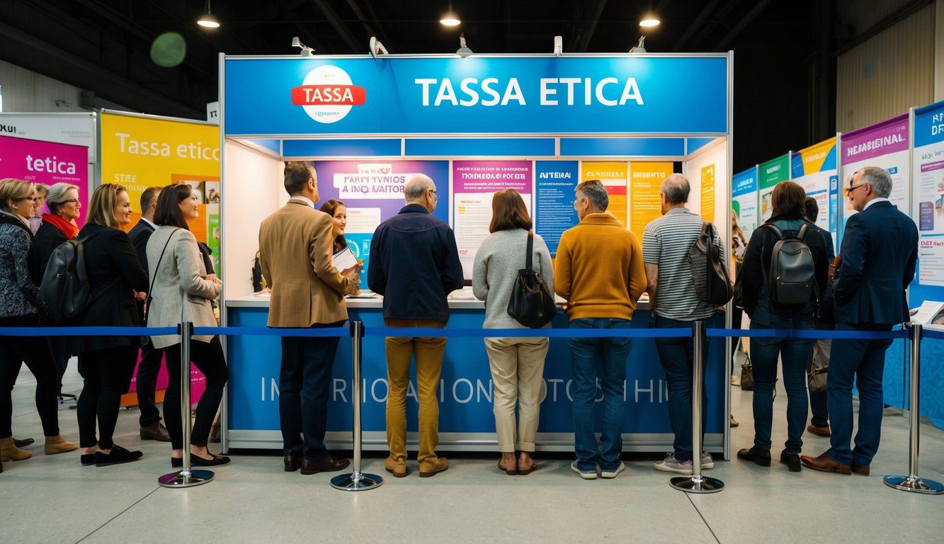 Un gruppo di persone in fila, in attesa di fare domande a uno stand informativo di Tassa Etica. Lo stand è adornato con striscioni e esposizioni colorate.