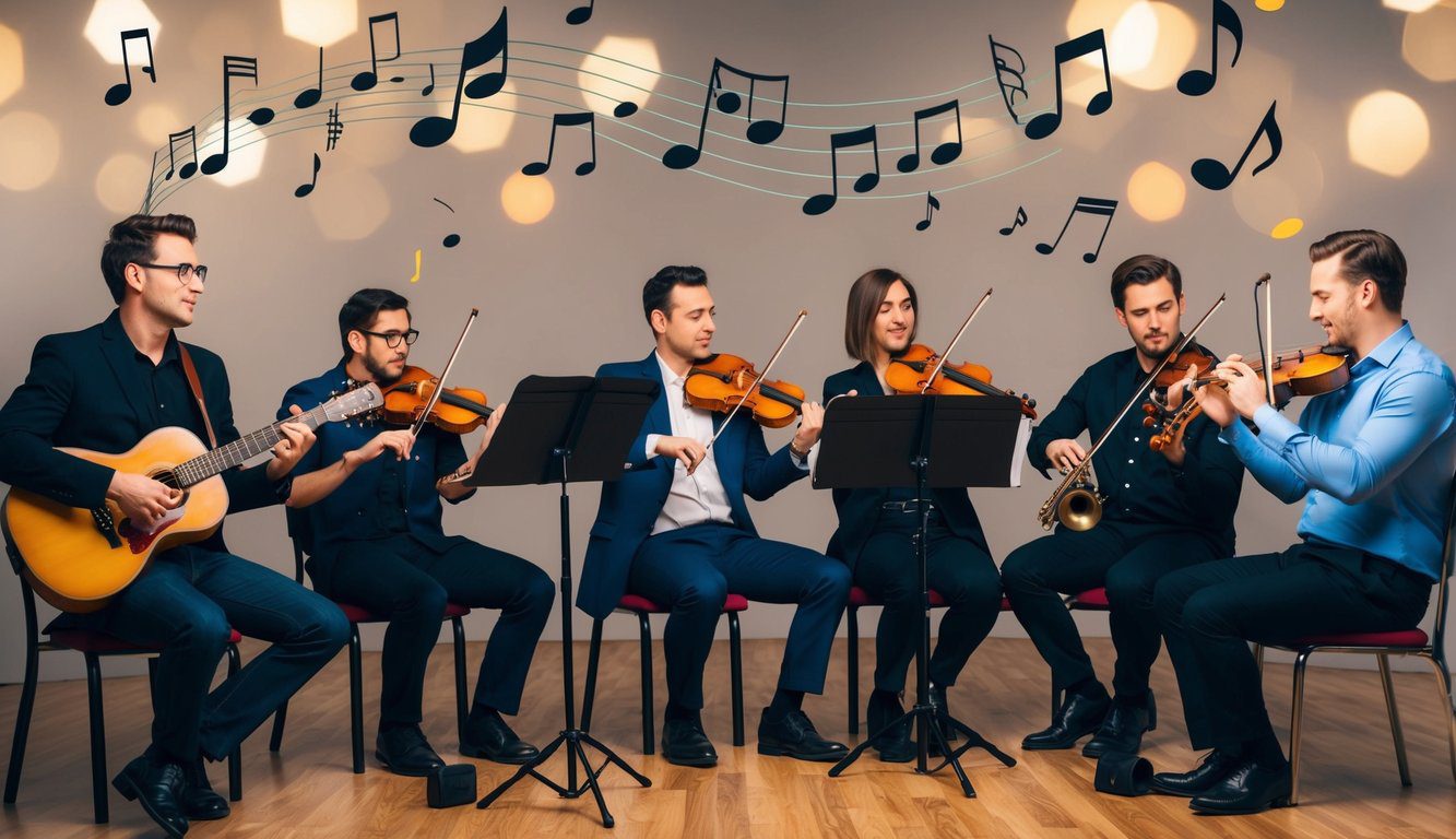 Tipologie di Associazioni: Quali sono, Quante Sono, Quale Scegliere e Come Aprirle (2026) 8 Un gruppo di musicisti che suonano vari strumenti in un contesto di band, con note musicali che fluttuano nell'aria intorno a loro