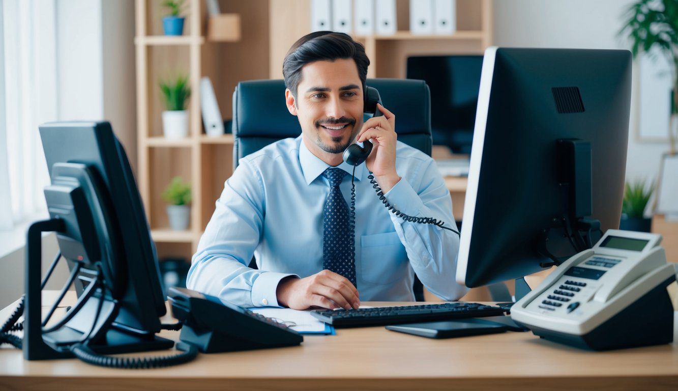 Una persona seduta a una scrivania, circondata da vari dispositivi di comunicazione come un telefono, un computer e un fax. La persona &egrave; impegnata in una conversazione con qualcuno dall'altra parte della linea.