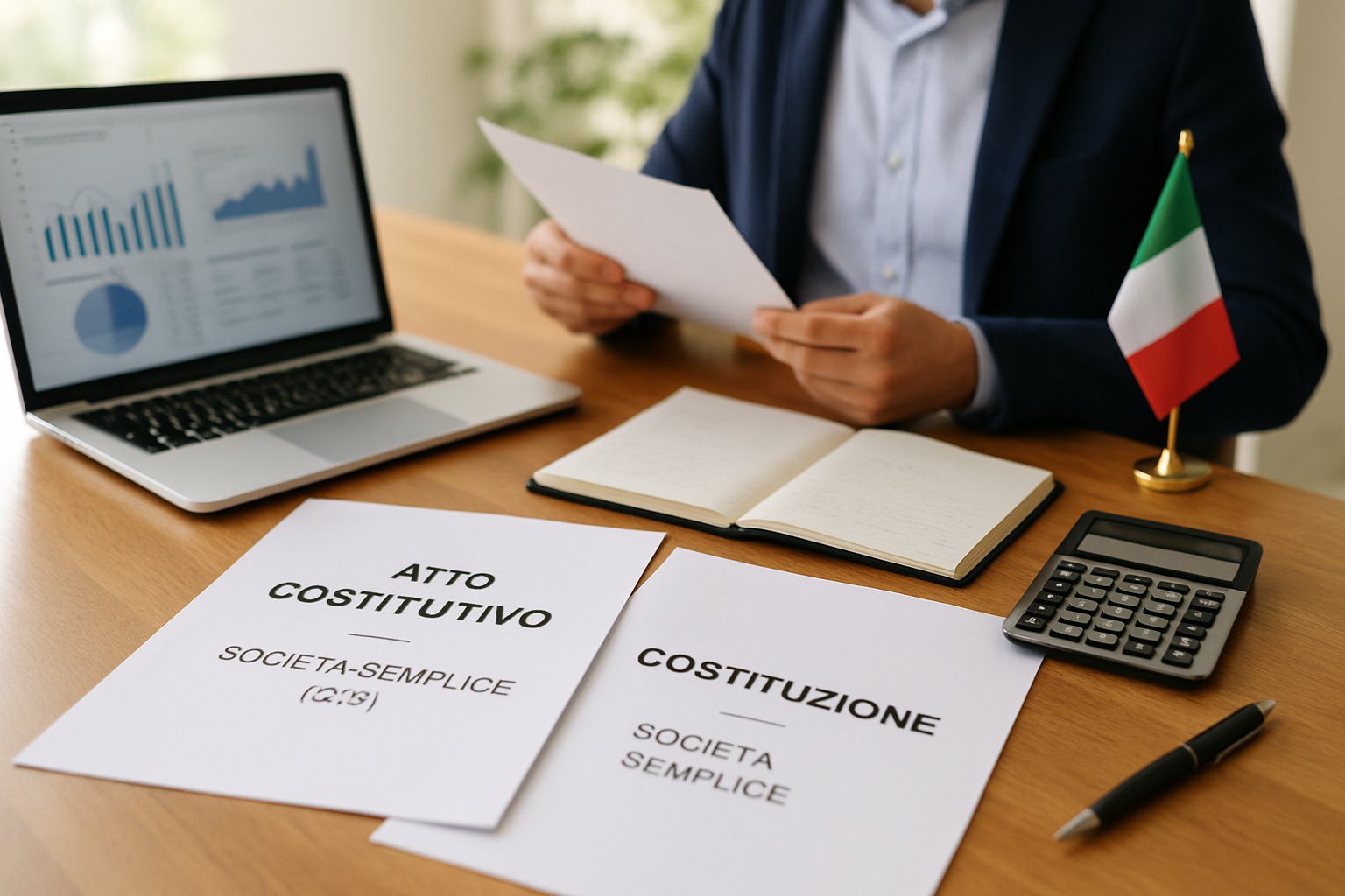 Scrivania ordinata con documenti legali, laptop, calcolatrice e persona che esamina carte in un ufficio, rappresentando la costituzione di una societ&agrave; semplice in Italia.