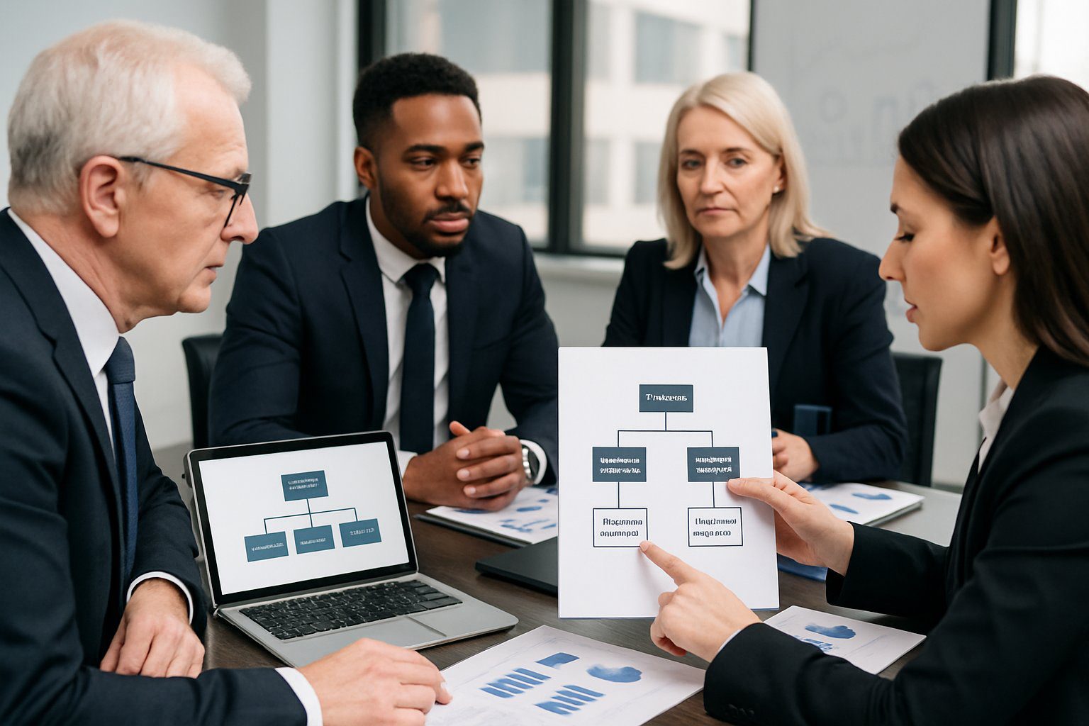 Persone in abiti formali sedute attorno a un tavolo da conferenza che discutono e analizzano diagrammi sull'organizzazione dei soci in una societ&agrave; semplice.