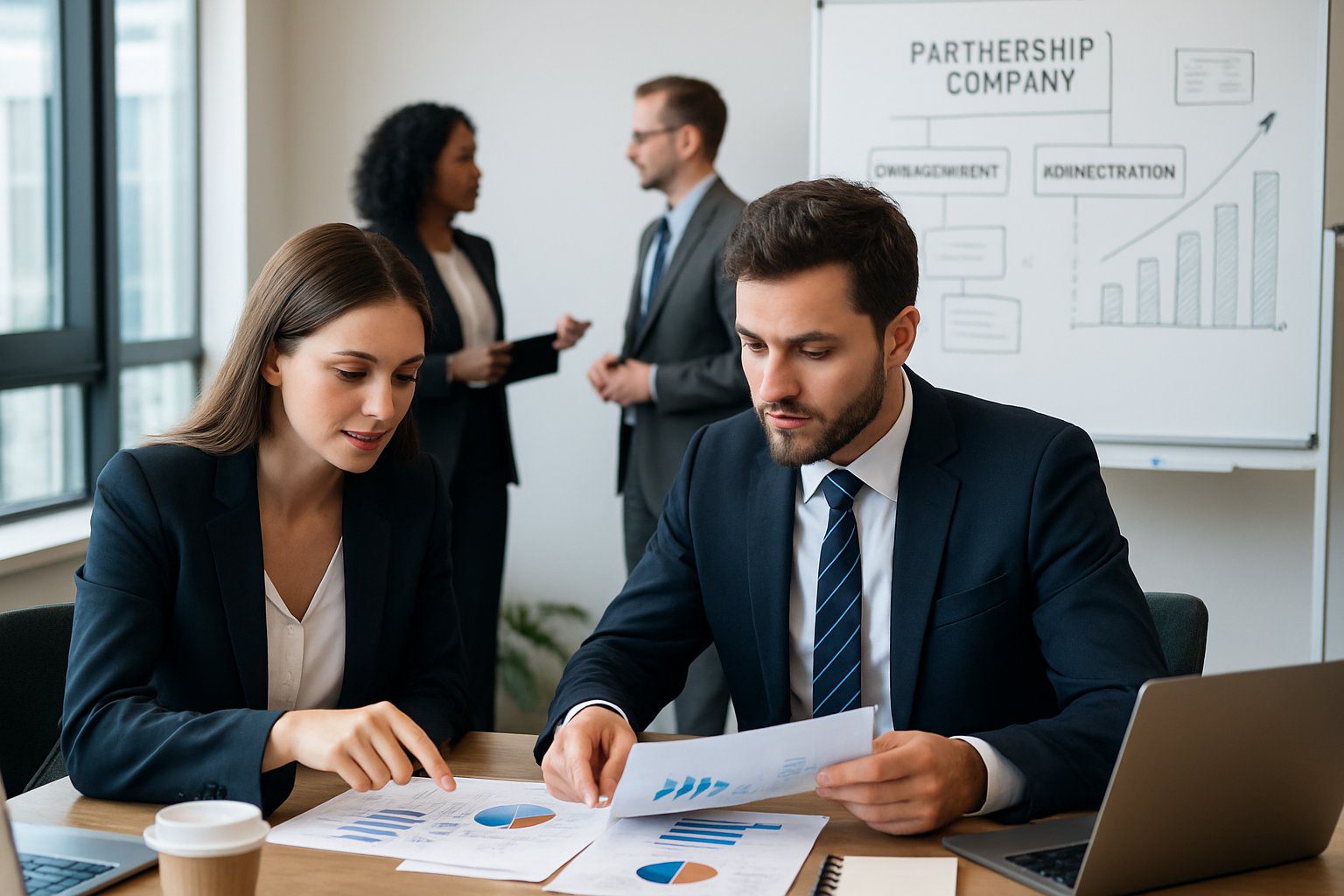 Persone in ufficio che discutono documenti e grafici durante una riunione di lavoro.
