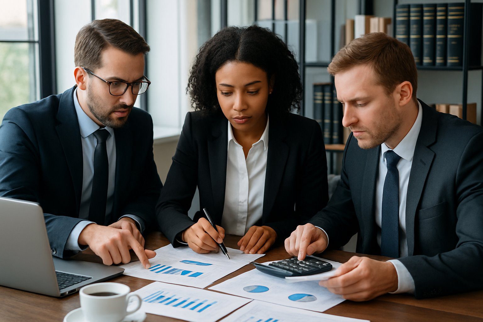 Persone in ufficio che discutono documenti finanziari su un tavolo con laptop e calcolatrice.