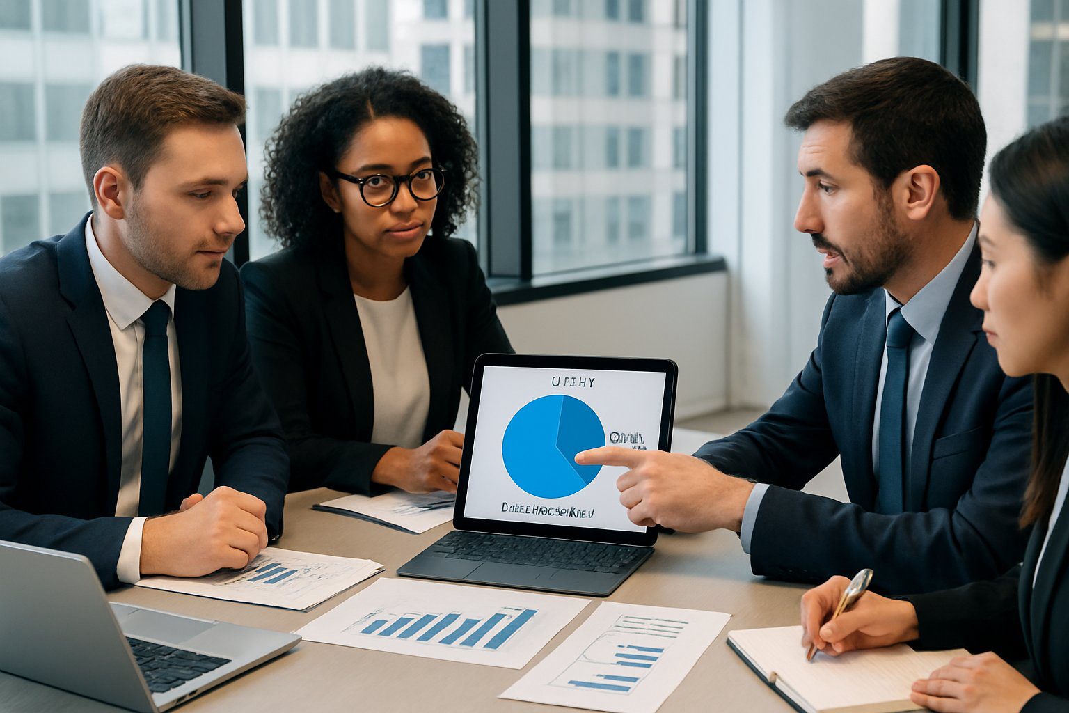 Un gruppo di professionisti in una riunione d'affari che discutono documenti finanziari e grafici attorno a un tavolo in un ufficio moderno.