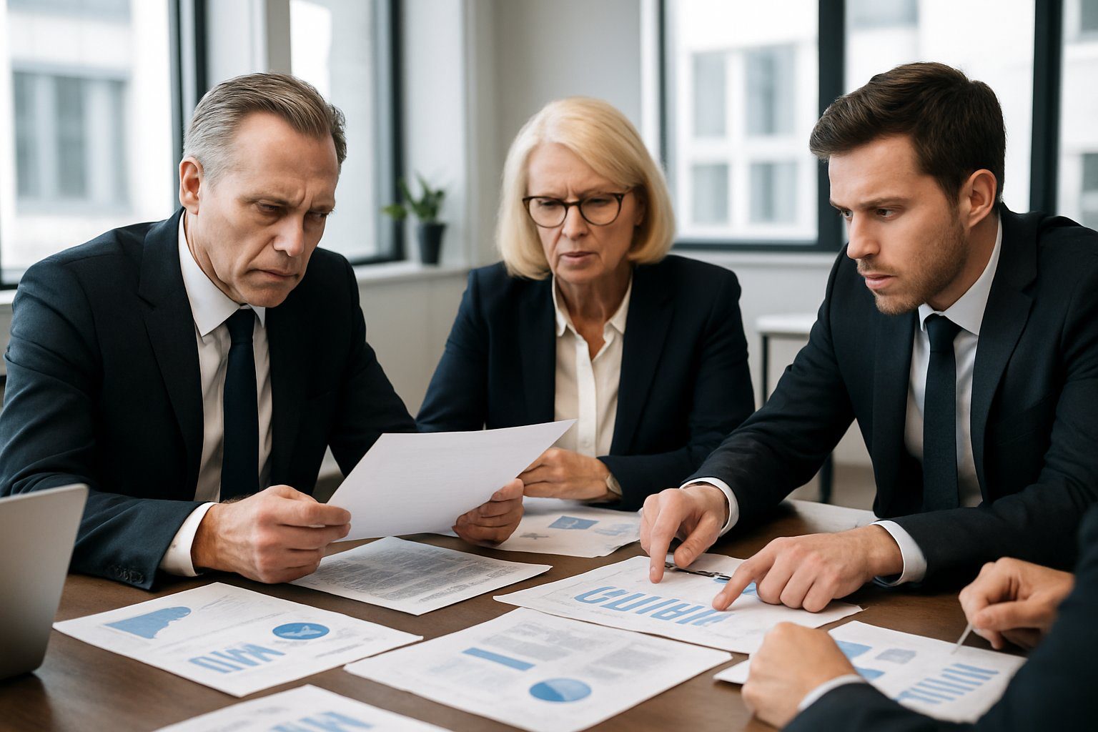 Persone in ufficio che discutono documenti e grafici finanziari su un tavolo durante una riunione di lavoro.