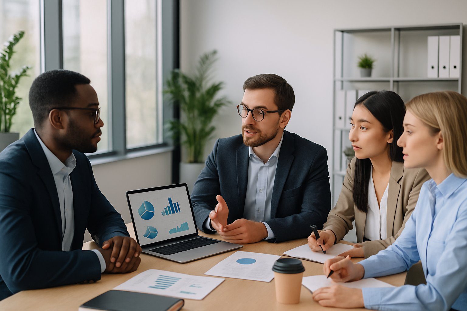 Un gruppo di professionisti che discutono insieme attorno a un tavolo in un ufficio moderno e luminoso.