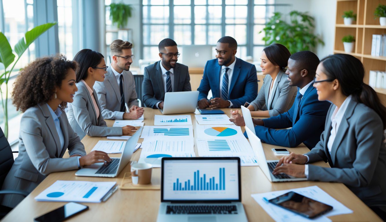 Un gruppo di professionisti che discutono insieme in un ufficio moderno attorno a un tavolo con laptop e documenti.