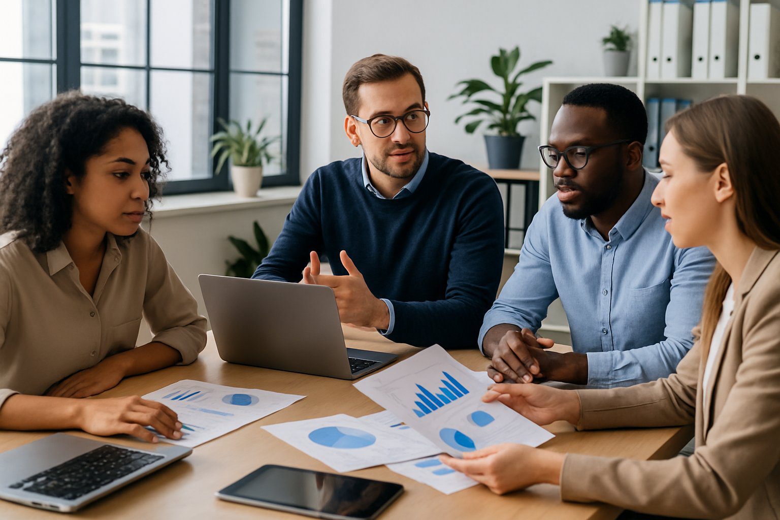 Un gruppo di professionisti che collaborano in una riunione in un ufficio moderno, con laptop, documenti e grafici sul tavolo.