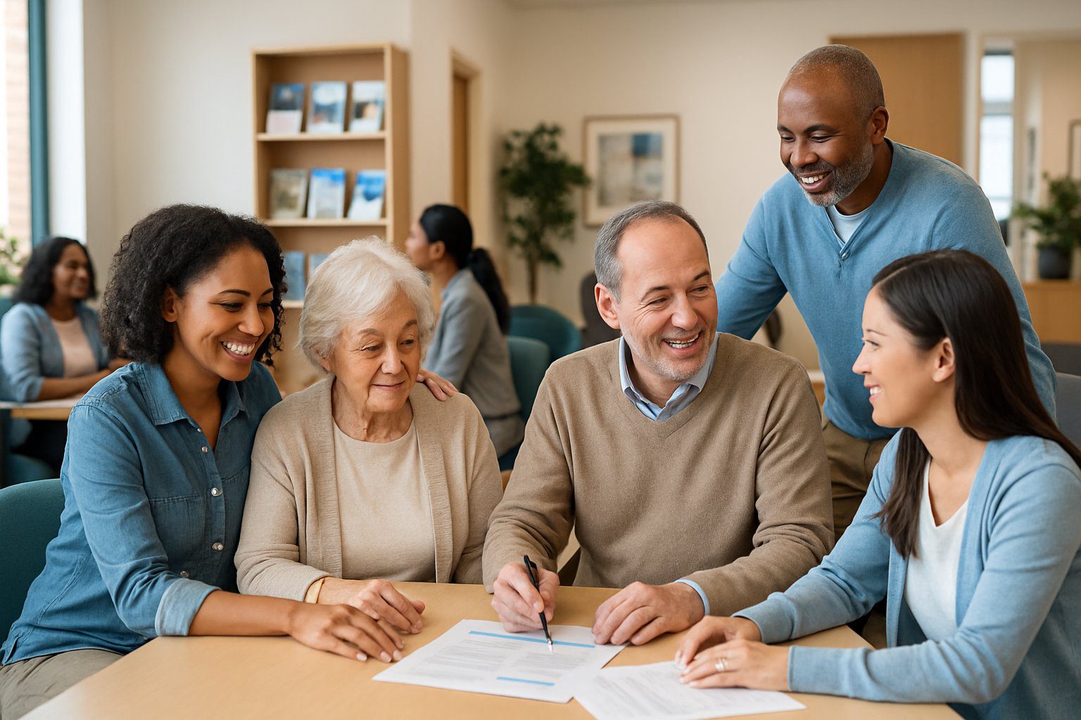 Persone di diverse et&agrave; e origini che interagiscono in un ambiente d'ufficio accogliente e professionale, impegnate in attivit&agrave; di supporto e assistenza.