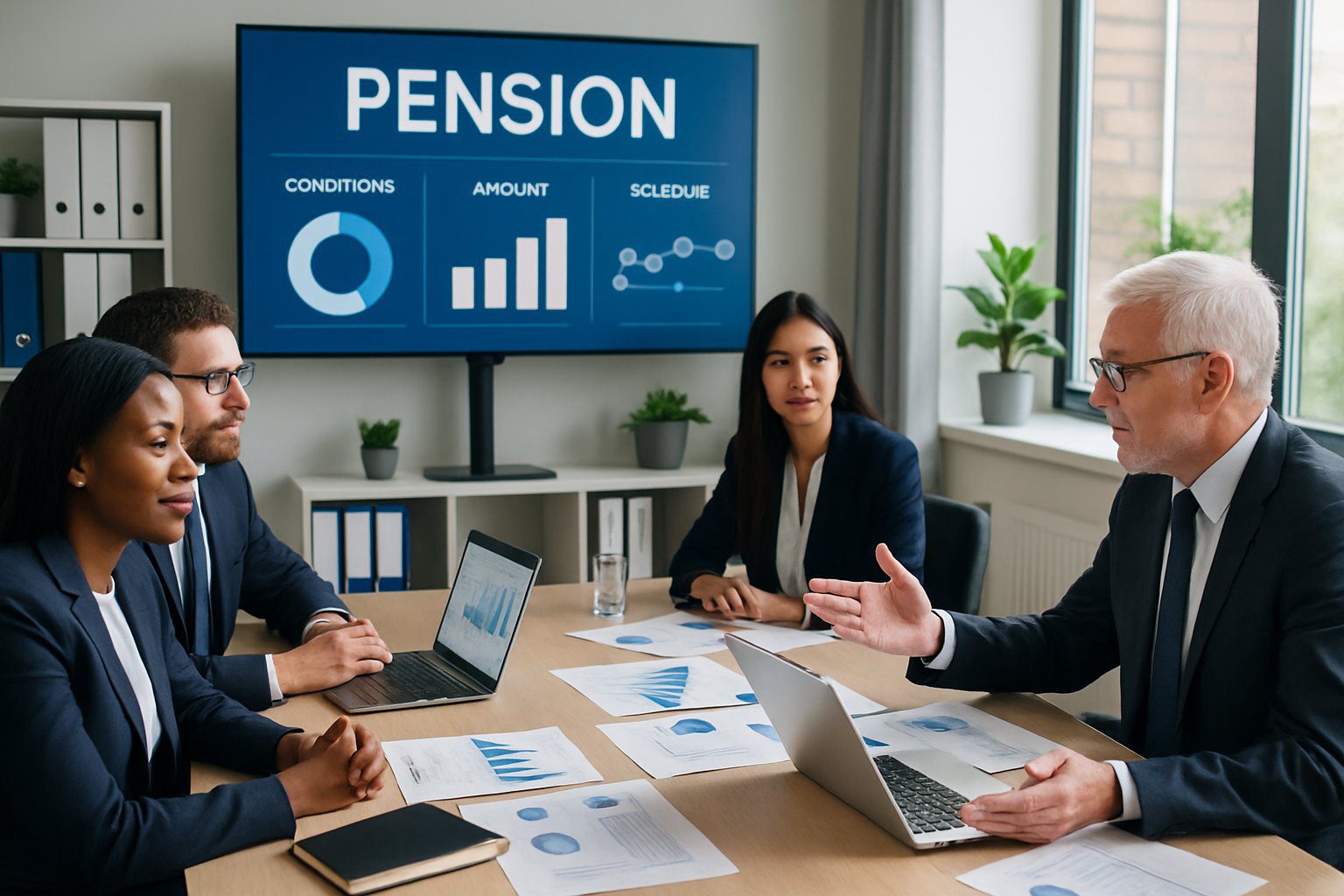 Persone in un ufficio moderno che discutono piani pensionistici attorno a un tavolo con laptop e documenti, con grafici sullo sfondo.