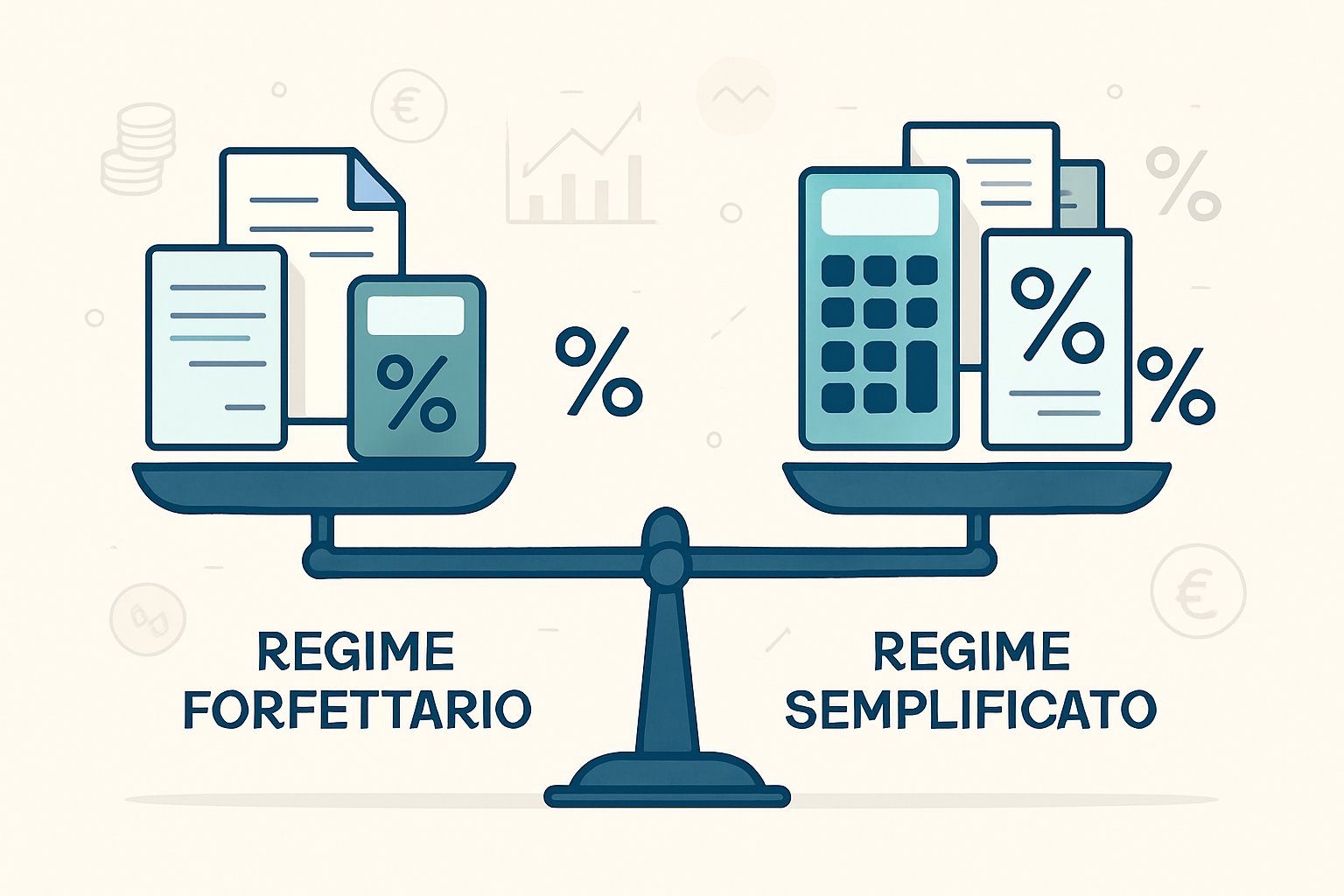 Bilanci o grafici che mostrano il confronto tra due regimi fiscali, con simboli di semplicit&agrave; da un lato e documenti pi&ugrave; dettagliati dall'altro.