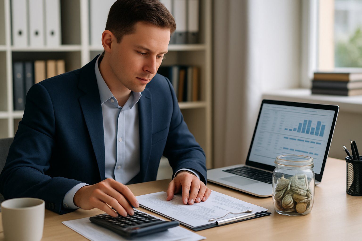 Principio di Cassa: Cos'è, Come Funziona, Come Gestirlo, Applicabilità e Pro e Contro (2026) 1 Un professionista finanziario che lavora a una scrivania con documenti, un calcolatore, un laptop e un barattolo trasparente con denaro contante in un ufficio luminoso.