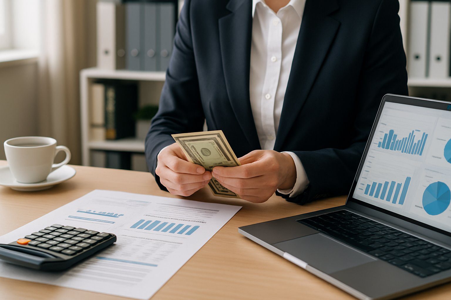 Principio di Cassa: Cos'è, Come Funziona, Come Gestirlo, Applicabilità e Pro e Contro (2026) 2 Persona in ufficio che conta contanti su una scrivania con laptop e documenti finanziari.